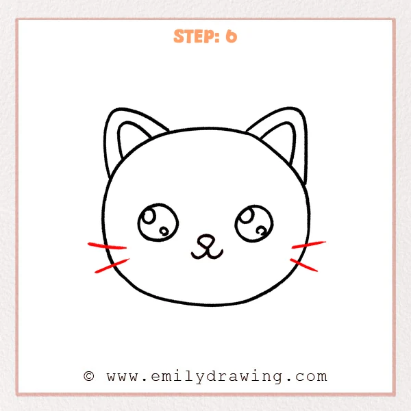 how to draw a cat face - Step 6 of how to draw a cat face—add short whisker lines on both cheeks, two on each side, extending outward.